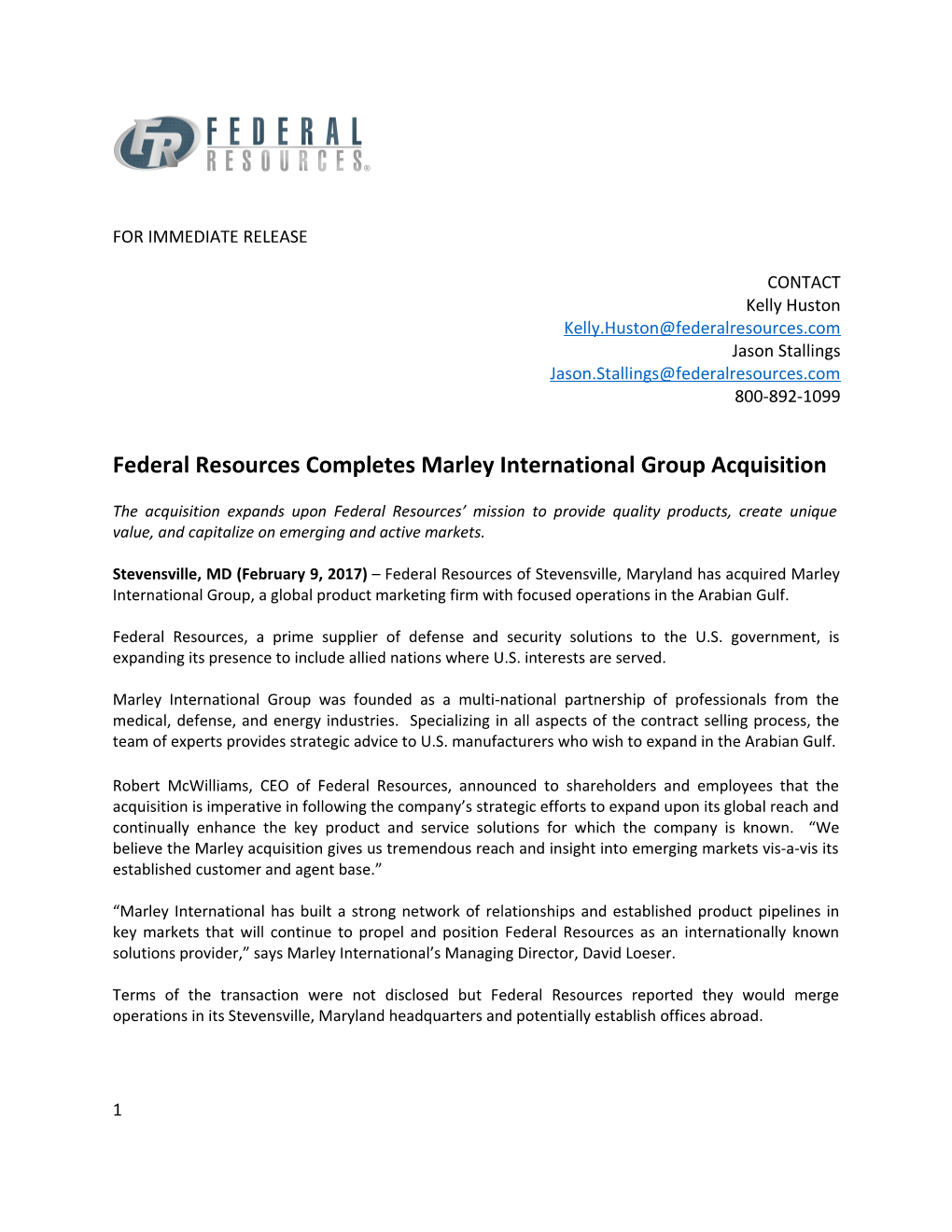Federal Resources Completes Marley International Group Acquisition