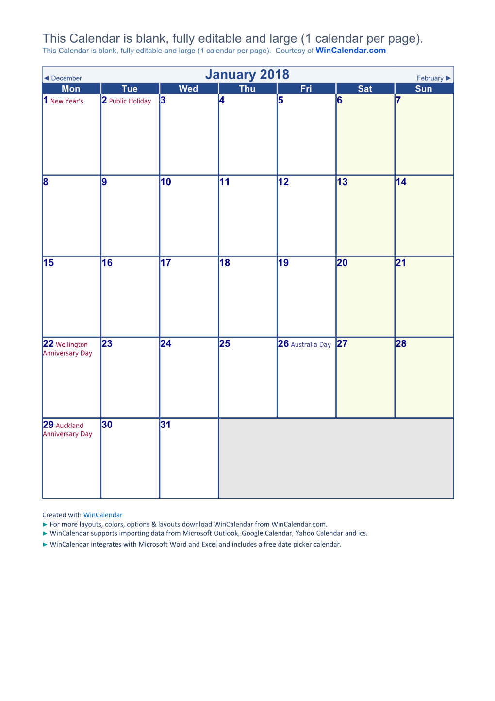 June 2018 New Zealand Calendar with Holidays