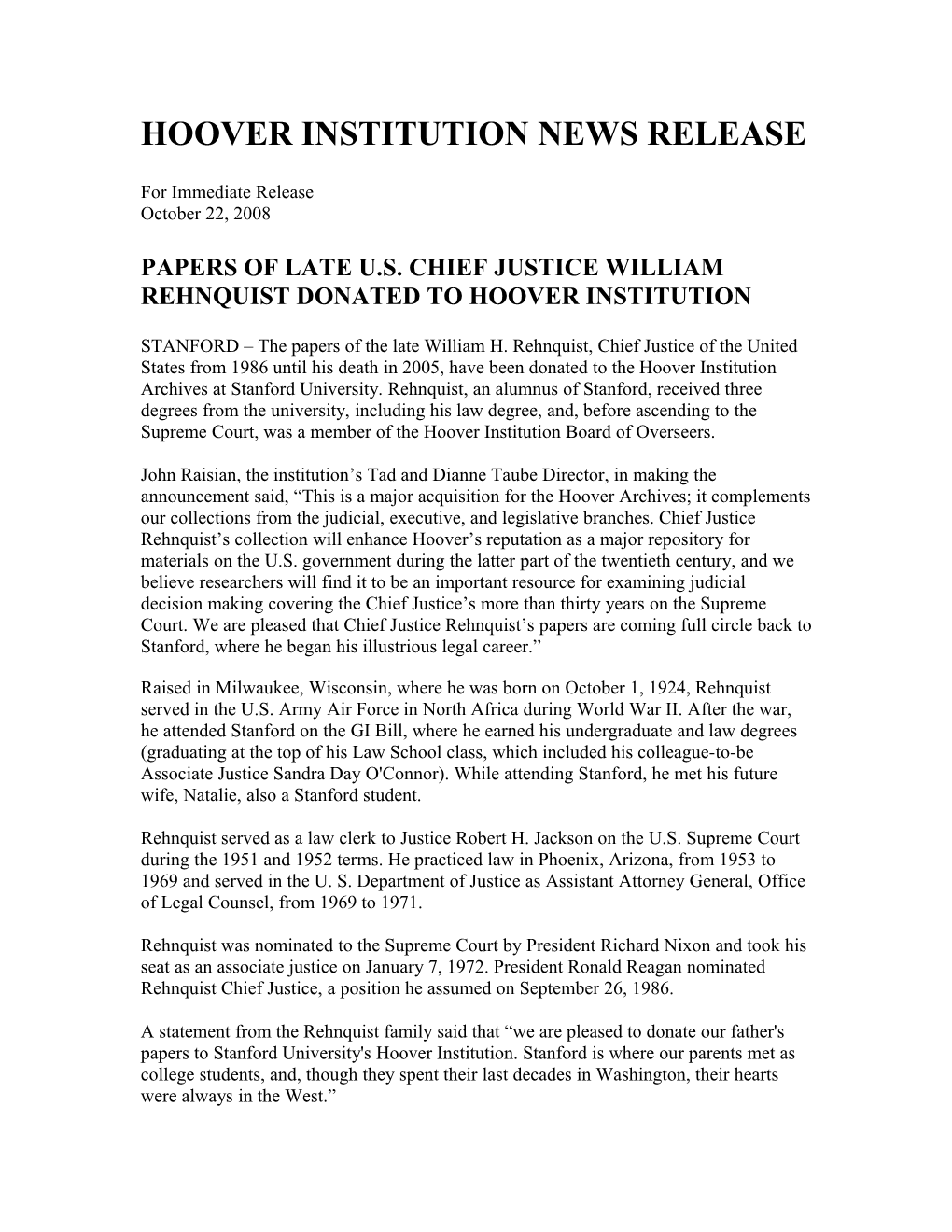 Hoover Institution News Release