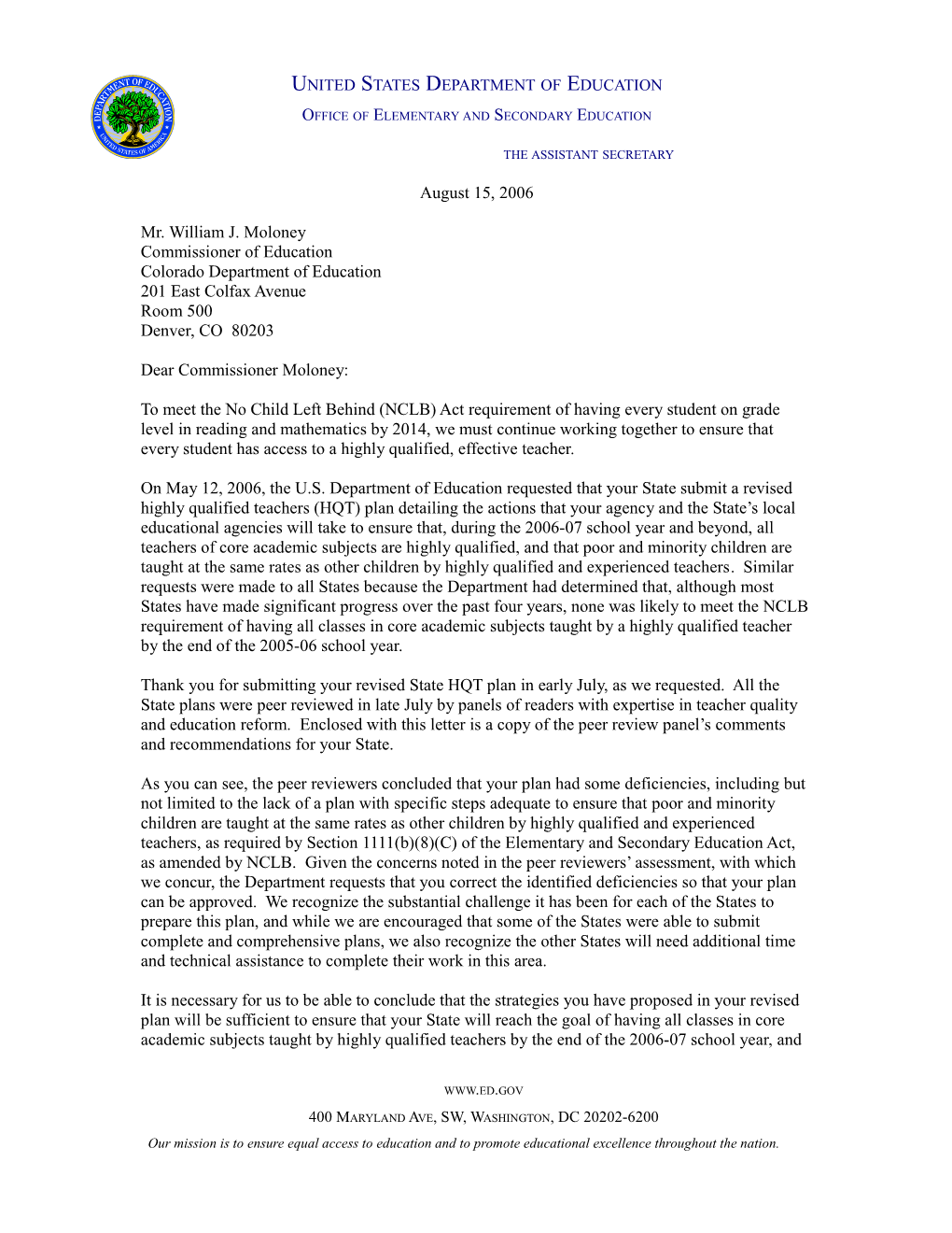 Colorado Letter to Chief State School Officer Regarding the Peer Review Comments of The