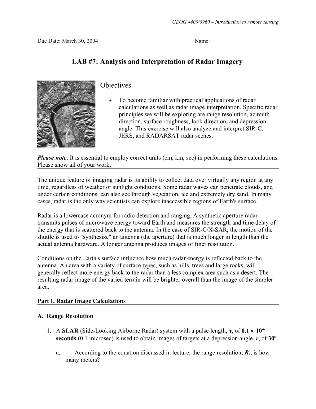 LAB #7: Analysis and Interpretation of Radar Imagery