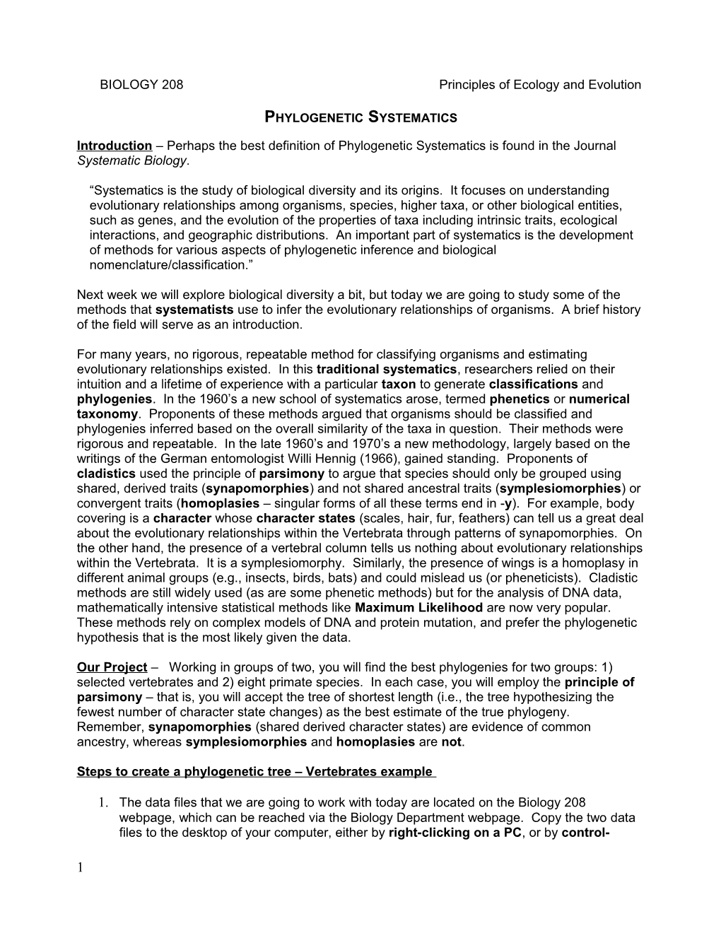 BIOLOGY 208 Principles of Ecology and Evolution