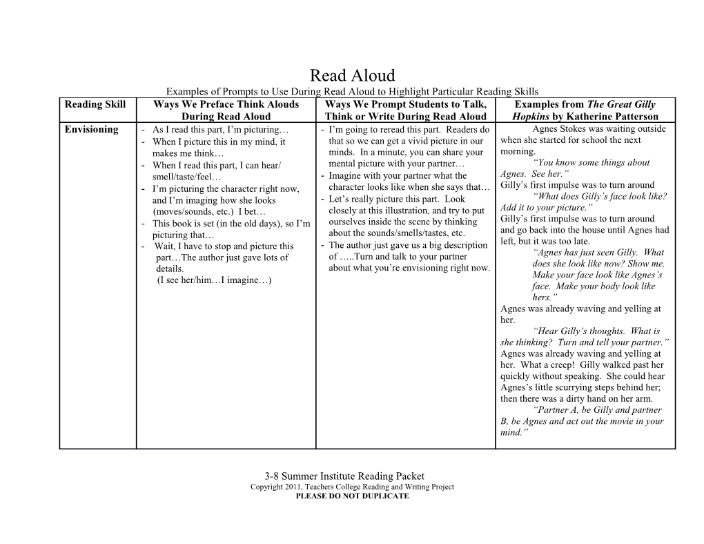 Examples of Prompts to Use During Read Aloud to Highlight Particular Reading Skills