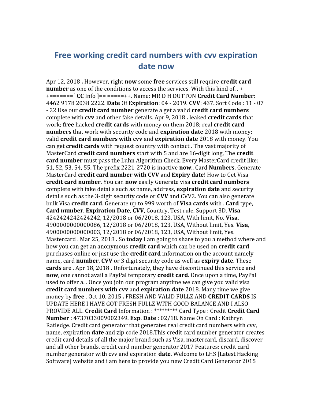 Free Working Credit Card Numbers with Cvv Expiration Date Now