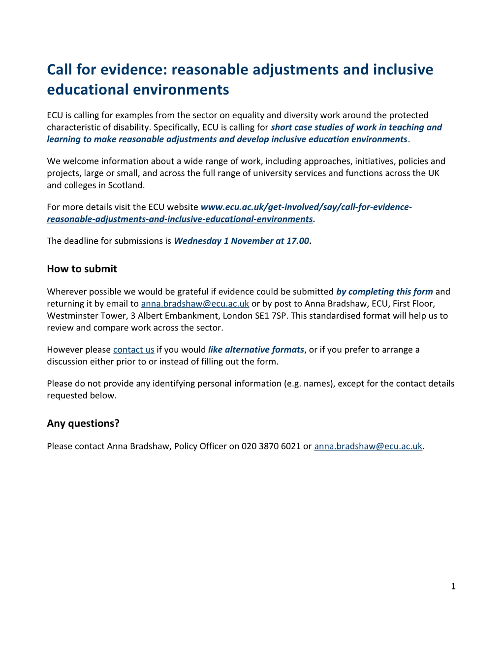 Call for Evidence: Reasonable Adjustments and Inclusive Educational Environments