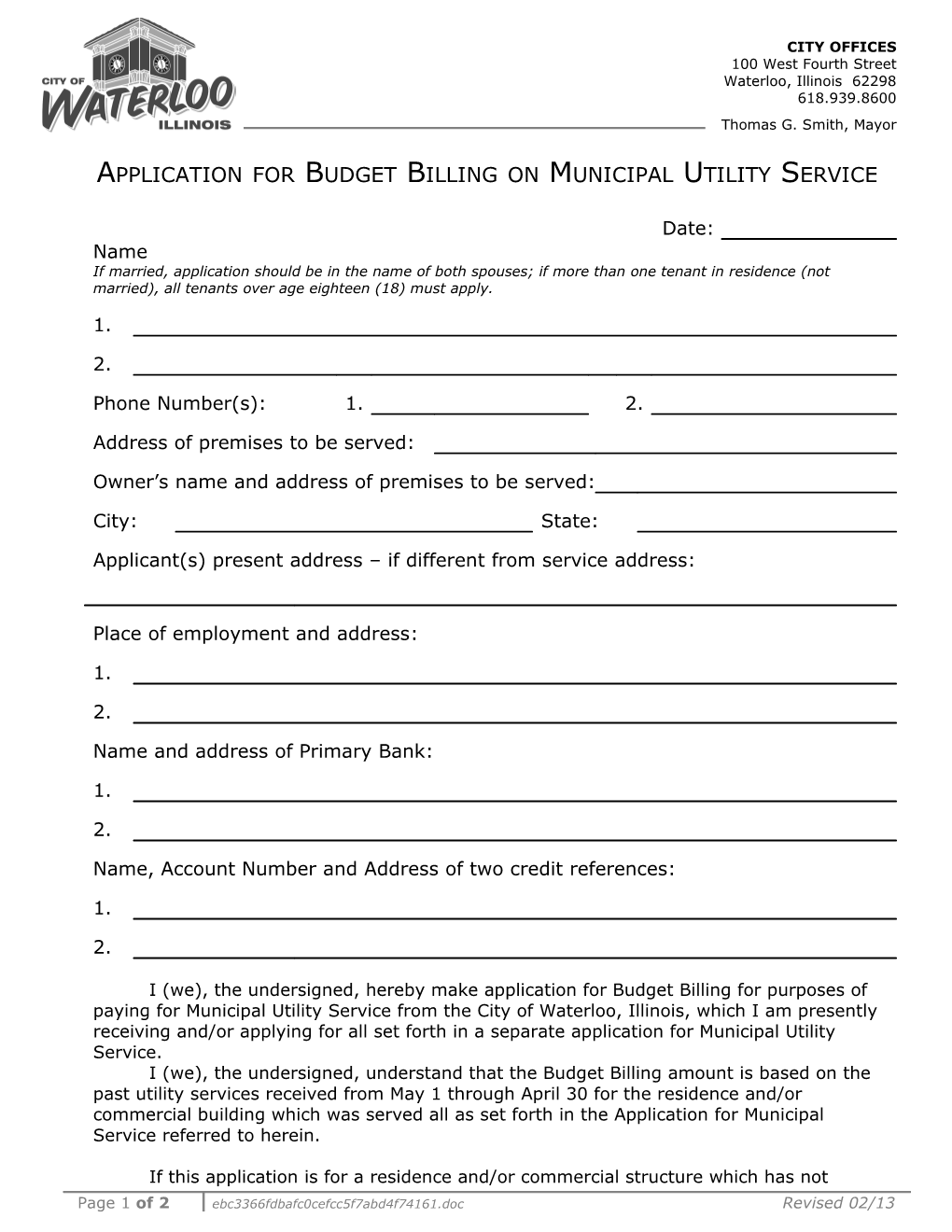 Application for Budget Billing on Municipal Utility Service