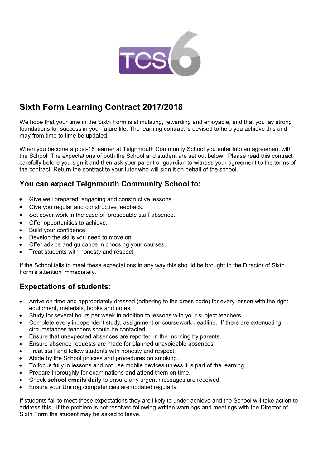 Sixth Form Learning Contract 2017/2018