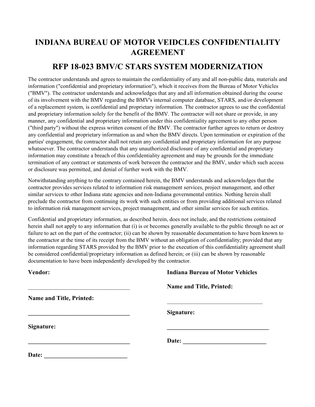 Indiana Bureau of Motor Veidcles Confidentiality Agreement