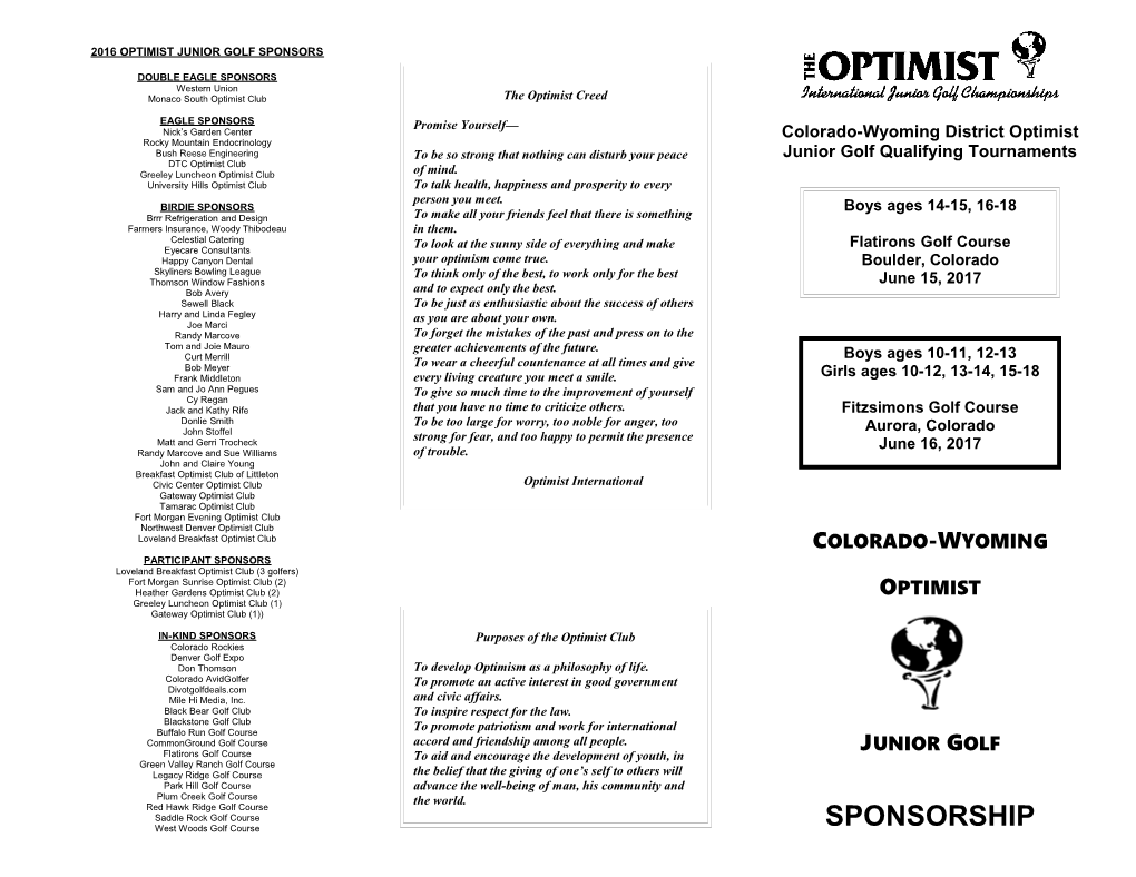 2016Optimist Junior Golf Sponsors