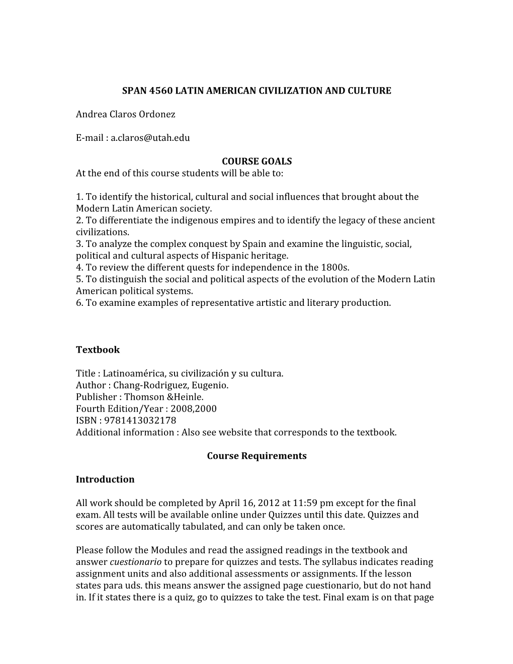 Span 4560 Latin American Civilization and Culture