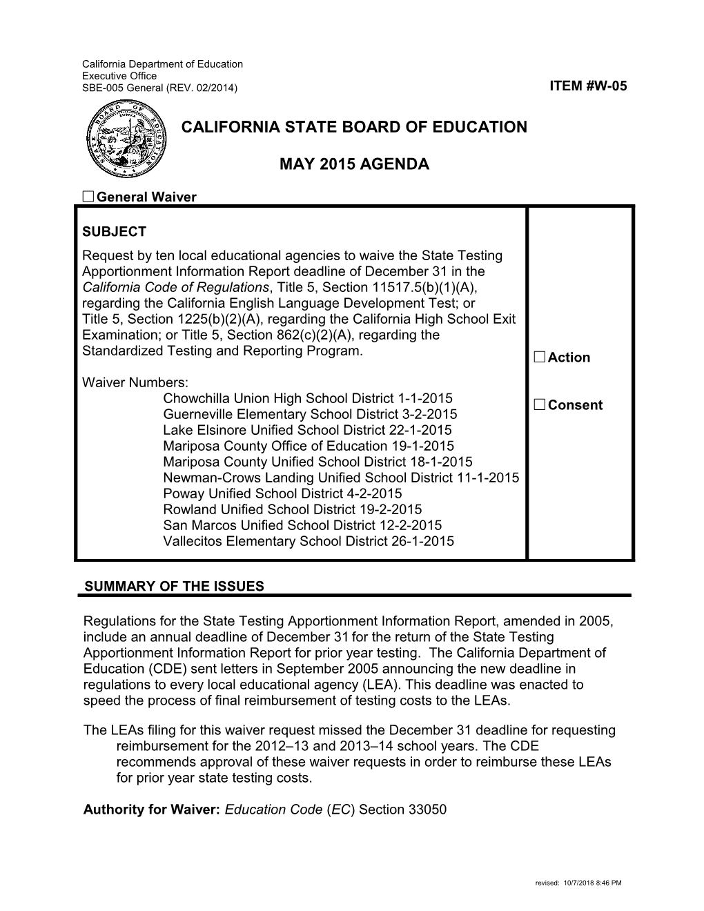 May 2015 Waiver Item W-05 - Meeting Agendas (CA State Board of Education)