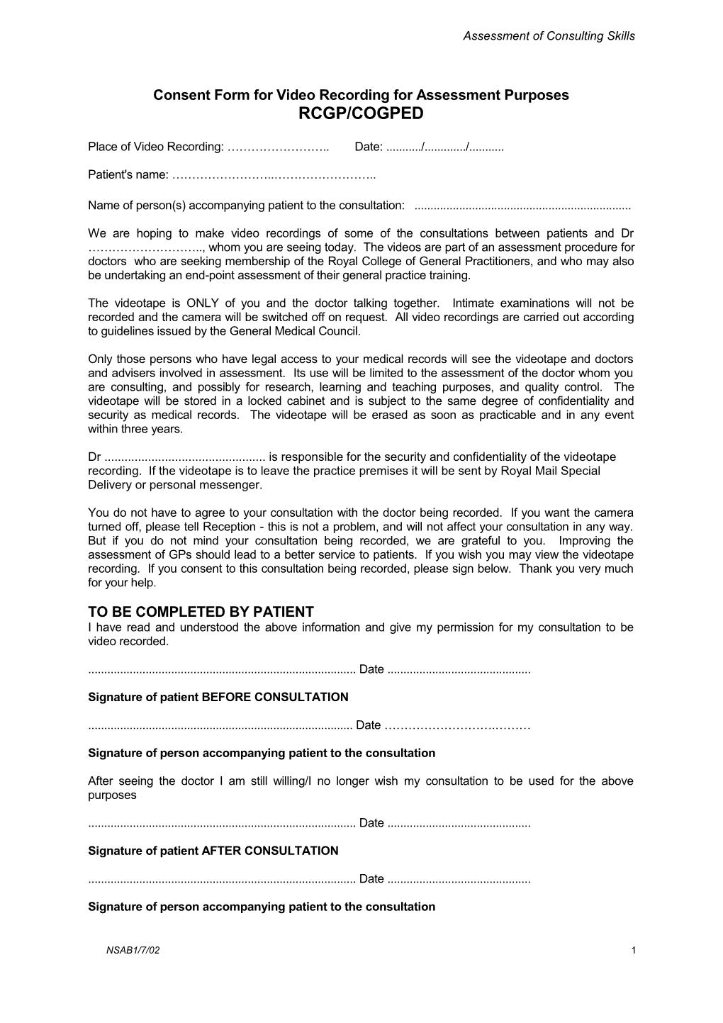 Consent Form for Video Recording RCGP/COGPED