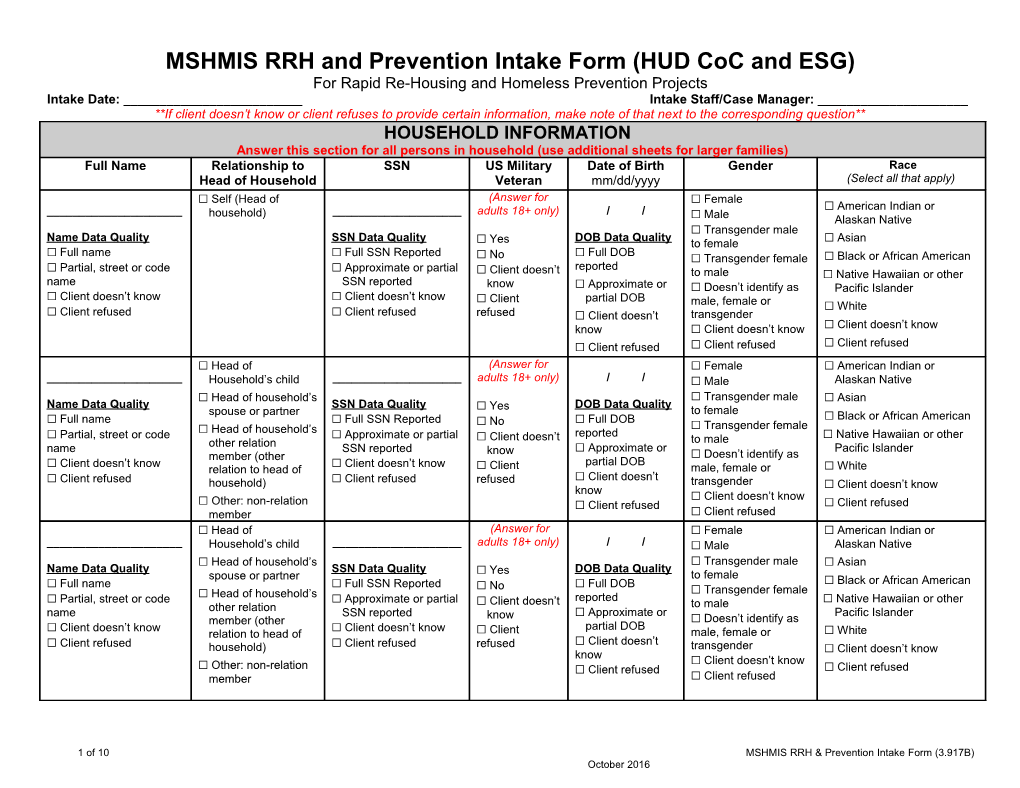 MSHMIS RRH and Prevention Intake Form (HUD Coc and ESG)