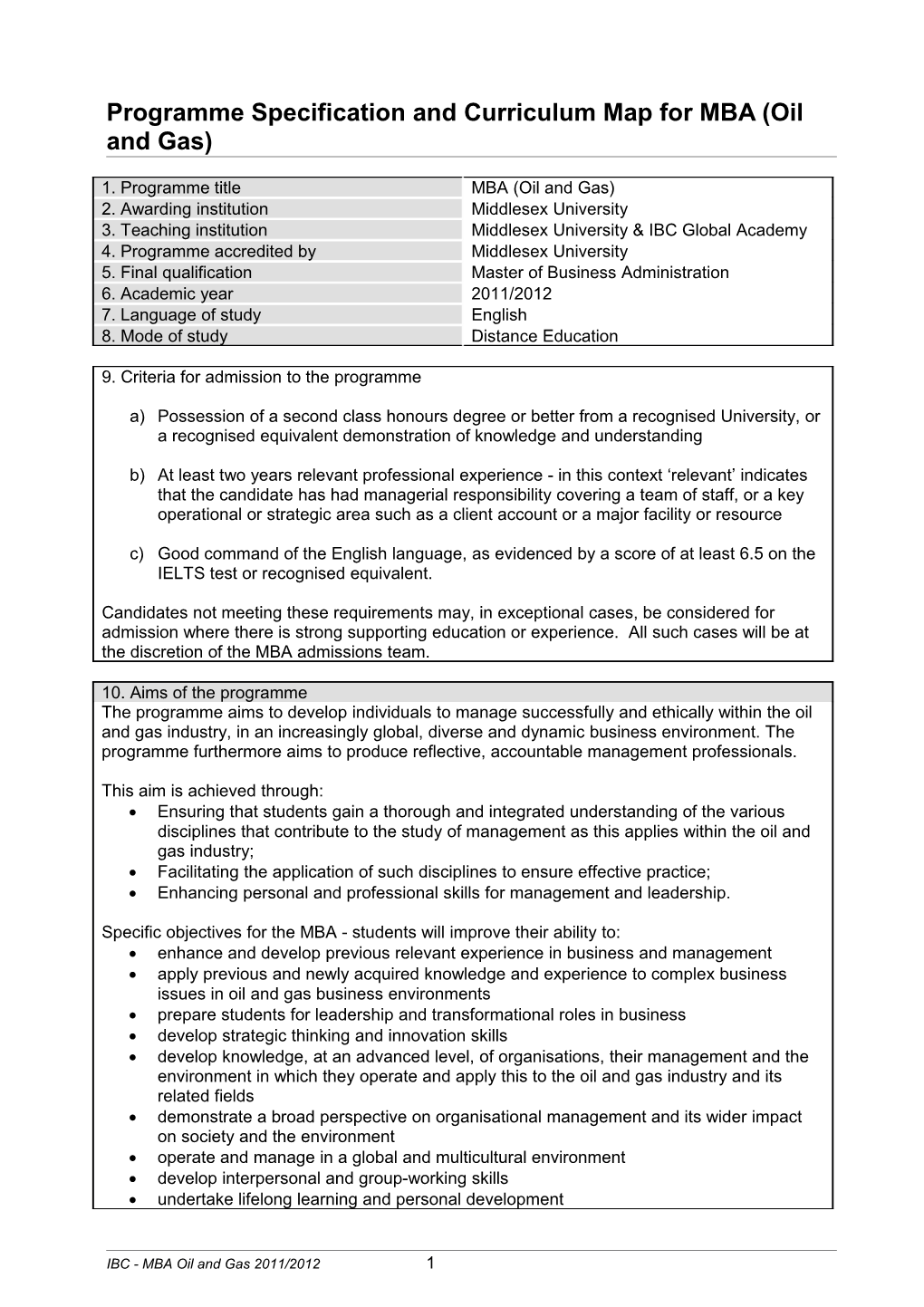 Programme Specification and Curriculum Map for MBA (Oil and Gas)