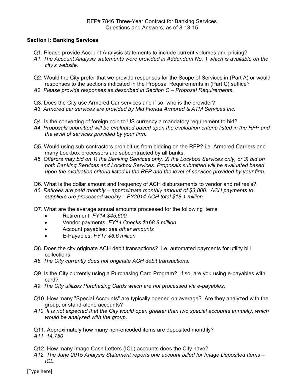 RFP# 7846 Three-Year Contract for Banking Services