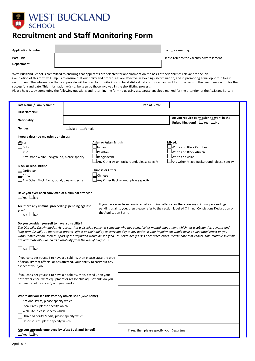 Recruitment and Staff Monitoring Form