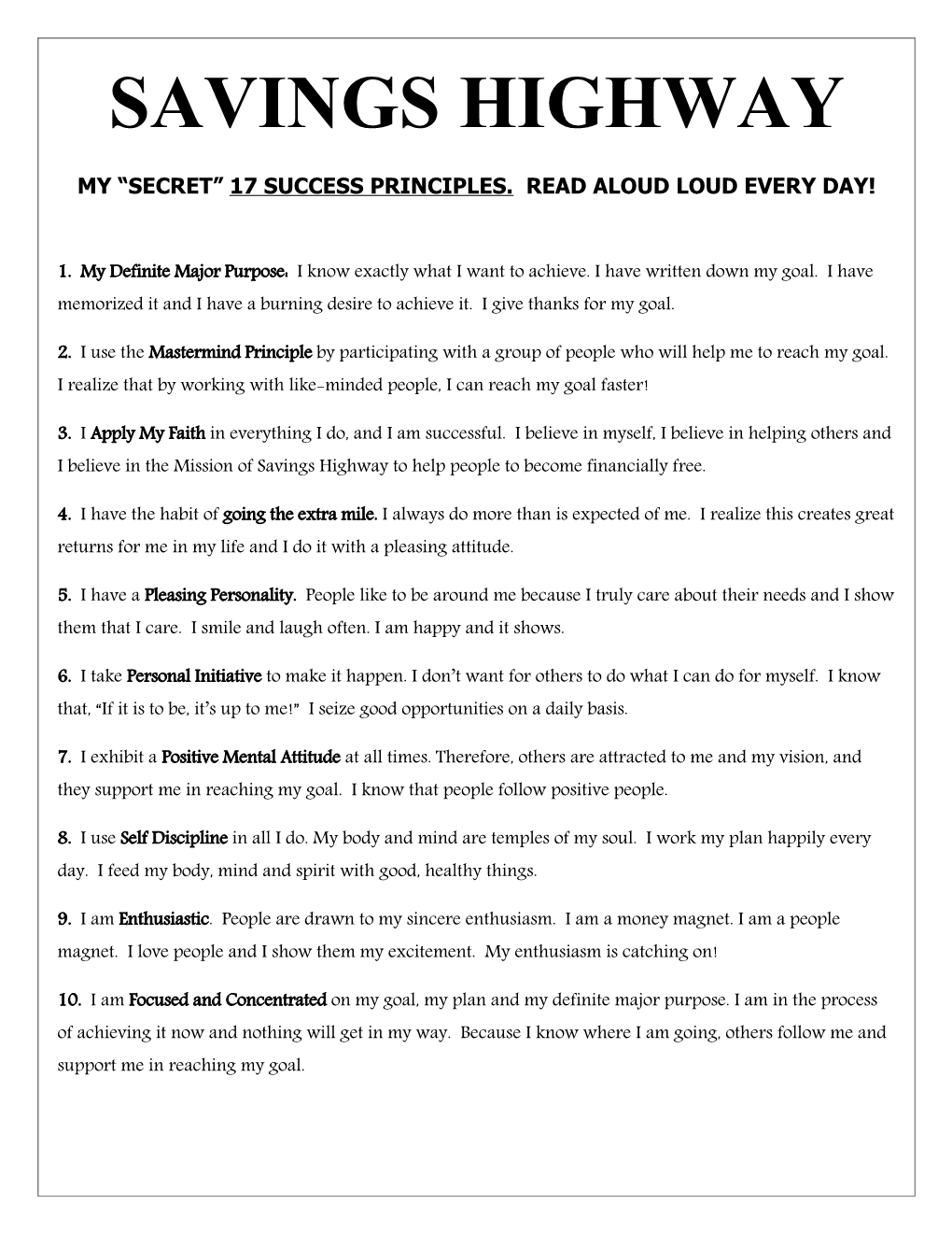 My Secret 17 Success Principles. Read Aloud Loud Every Day!