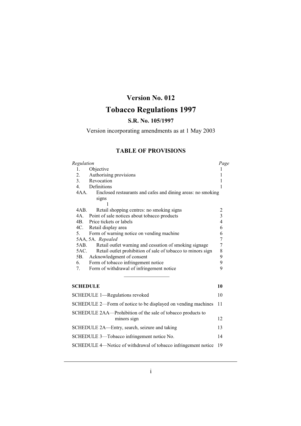 Tobacco Regulations 1997