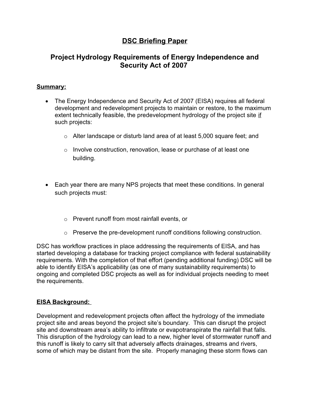 DSC Briefing Paper - Project Hydrology Requirements of Energy Independence and Security