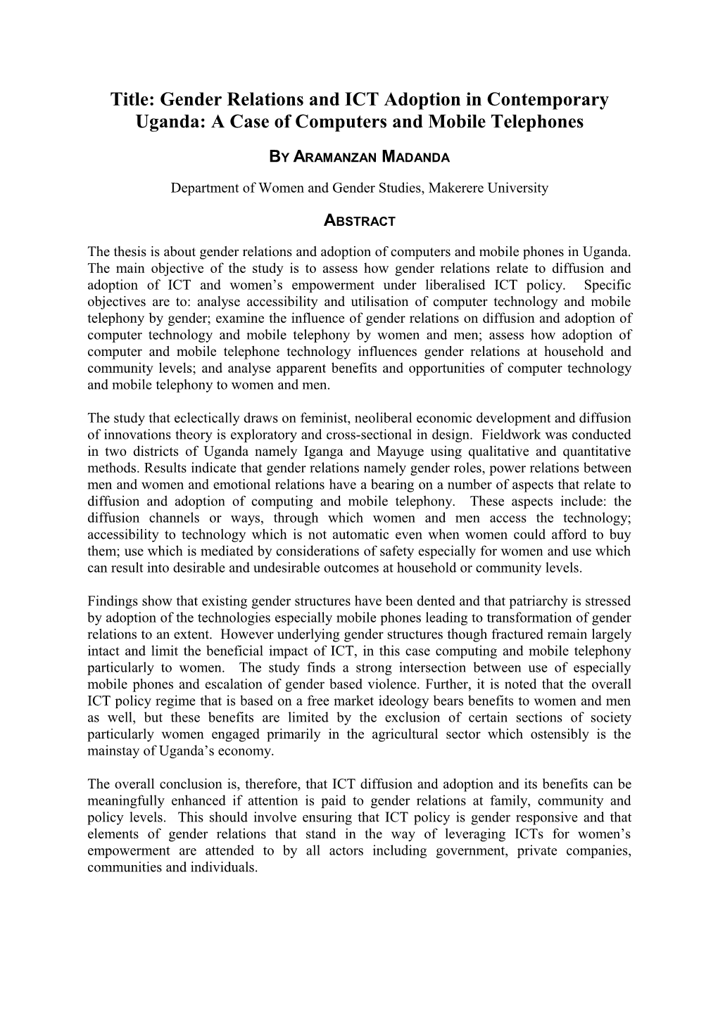 Title: Gender Relations and ICT Adoption in Contemporary Uganda: a Case of Computers And