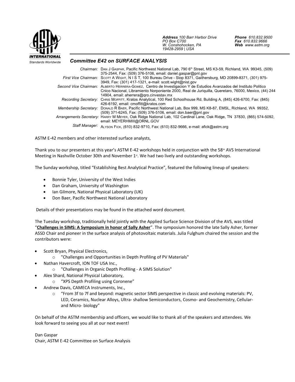 ASTM E-42 Members and Other Interested Surface Analysts