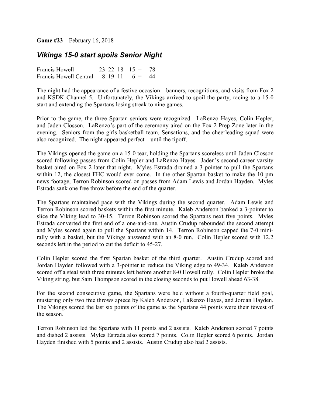 Vikings 15-0 Start Spoils Senior Night