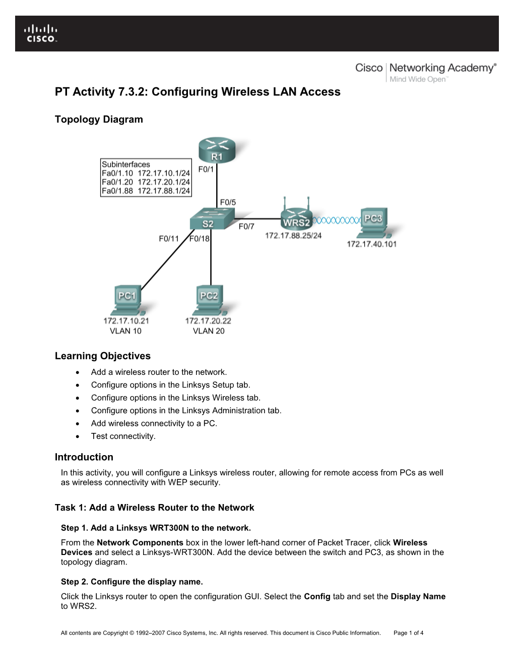 PT Activity 7.3.2: Configuring Wireless LAN Access