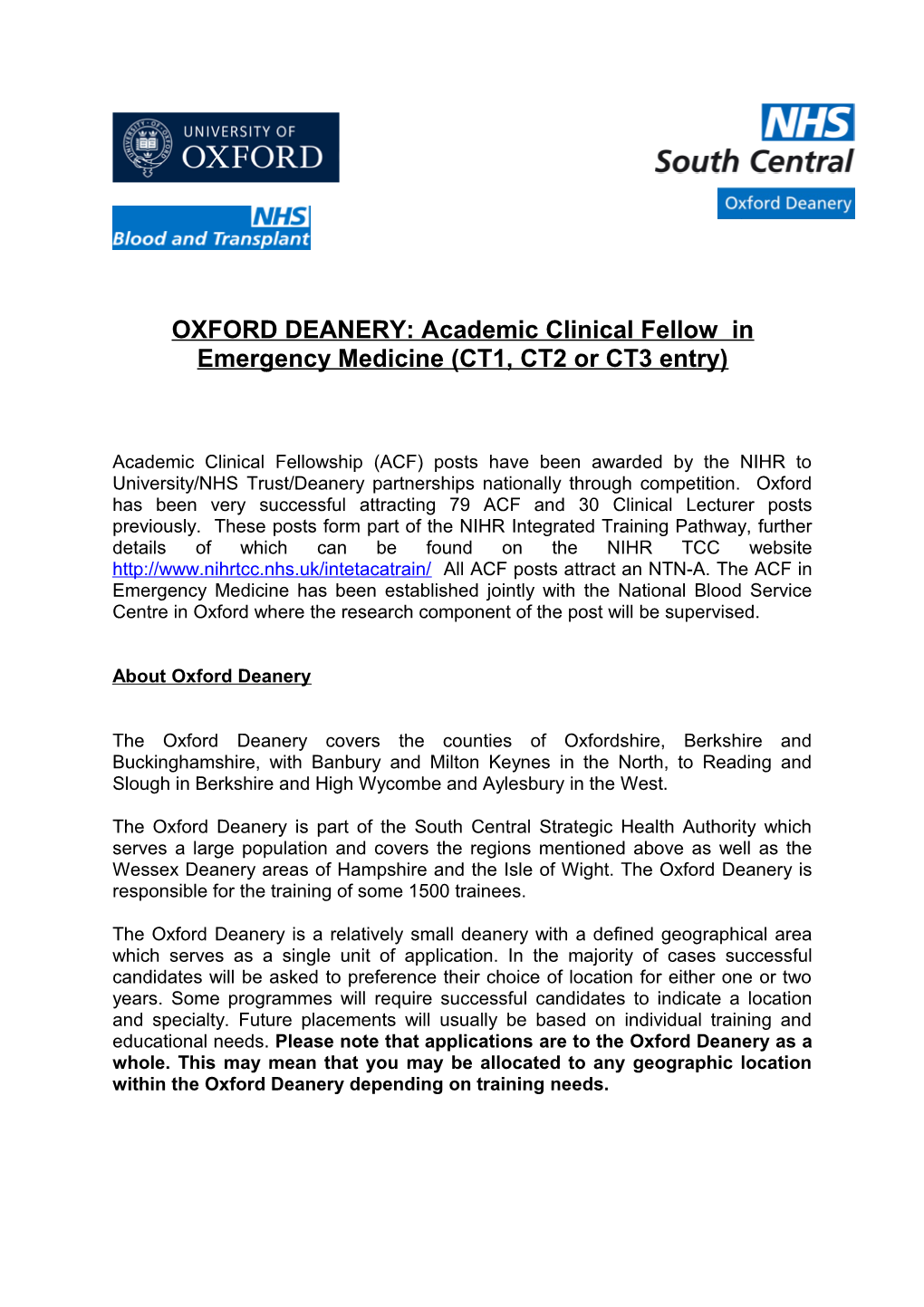 OXFORD DEANERY:Academic Clinical Fellow in Emergency Medicine (CT1, CT2 Or CT3 Entry)