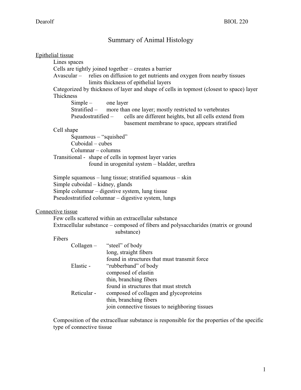 Review Sheet for Animal Histology
