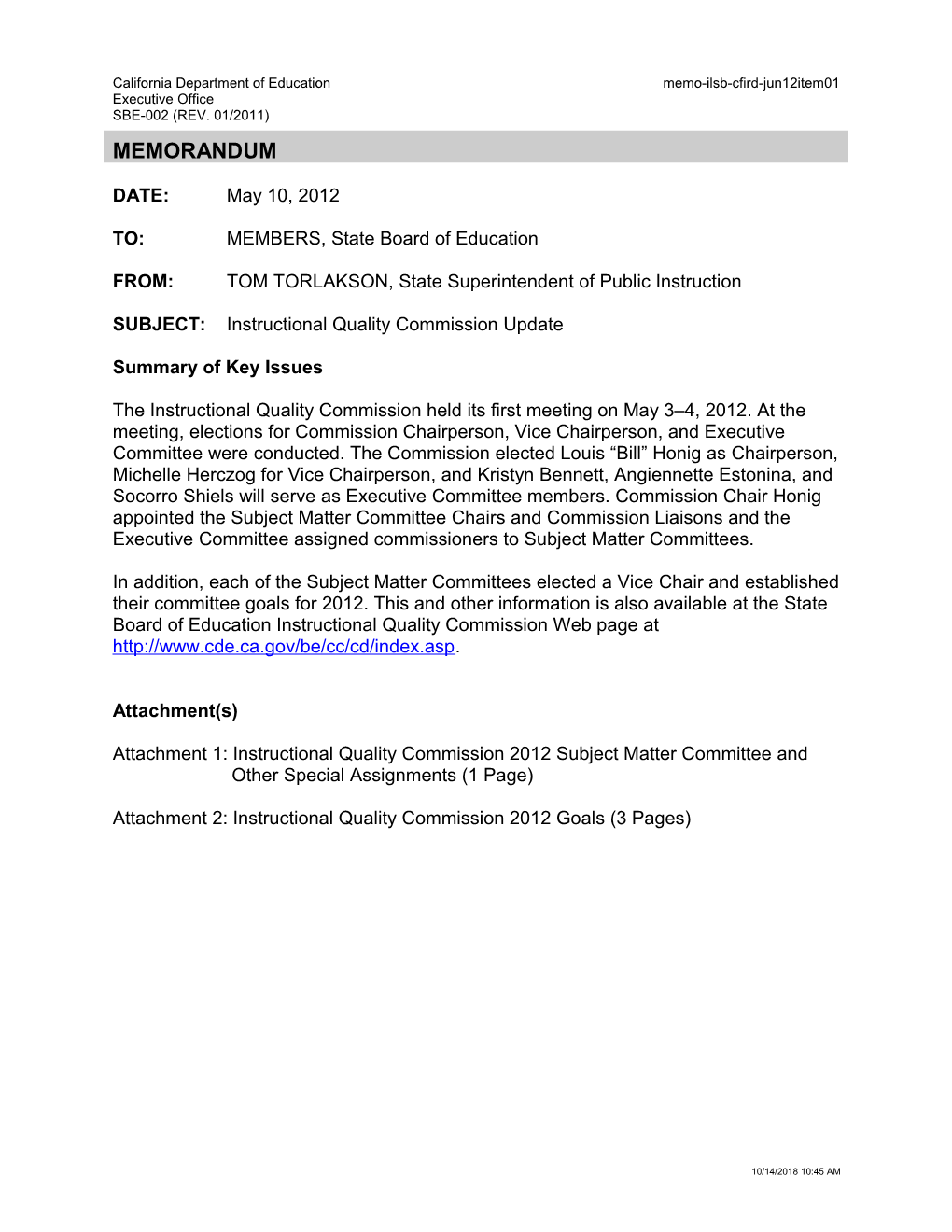 June 2012 Memorandum CFIRD Item 1 - Information Memorandum (CA State Board of Education)
