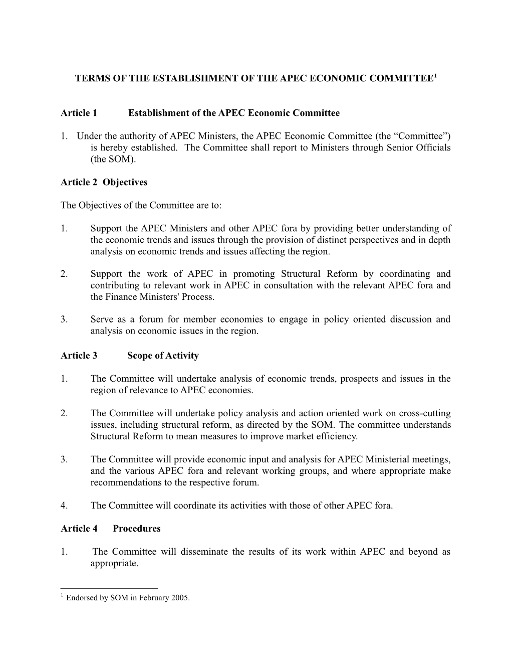 Terms of the Establishment of an Apec Economic Committee