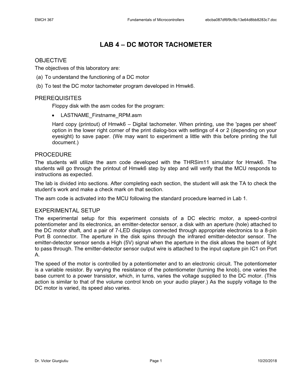 EMCH 367Fundamentals of Microcontrollerslab 4 S01