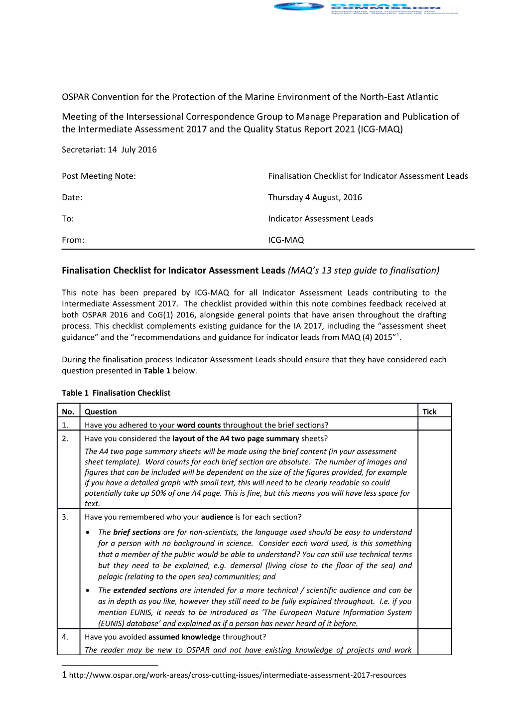 Finalisation Checklist for Indicator Assessment Leads (MAQ S 13 Step Guide to Finalisation)