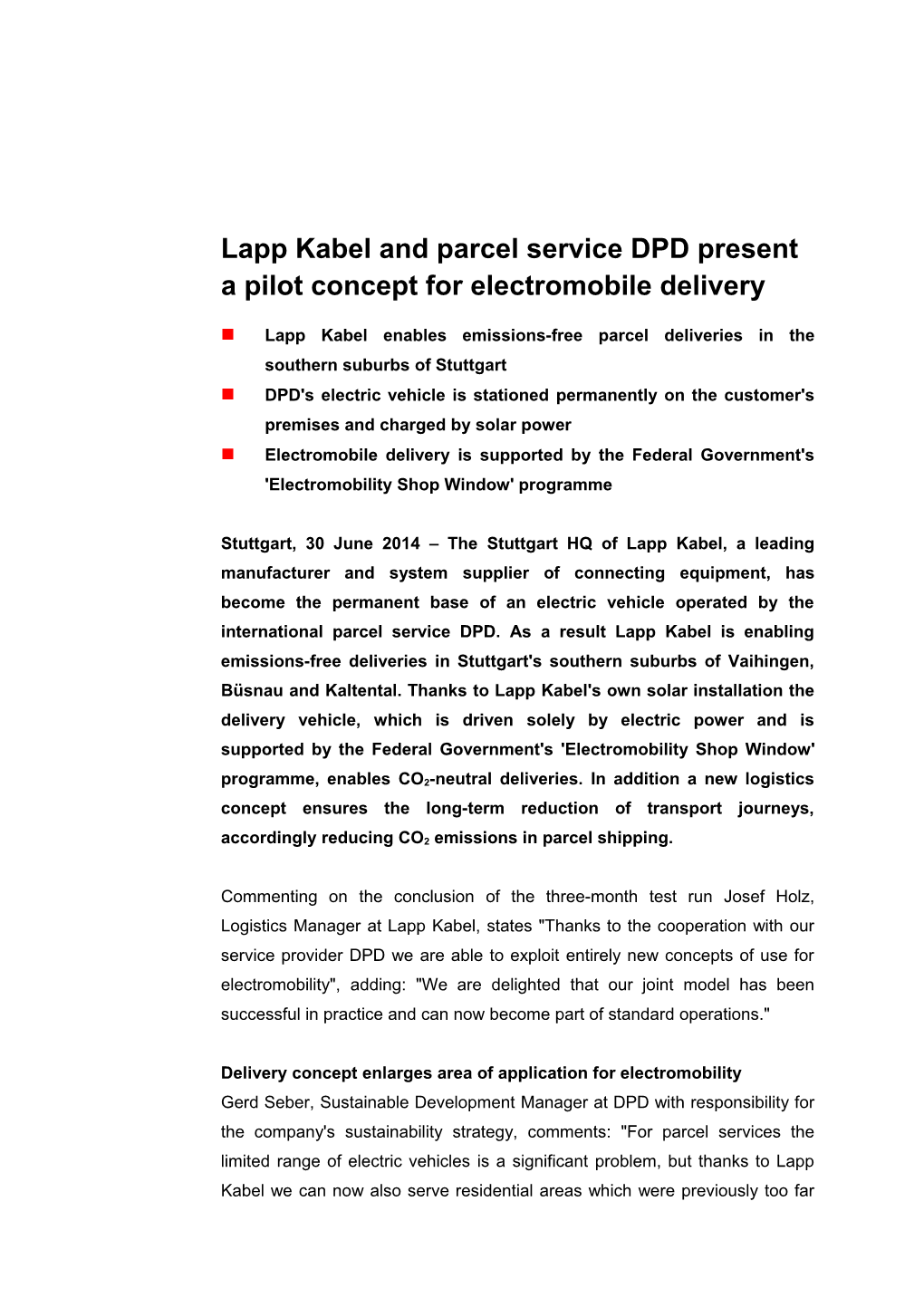 Lapp Kabeland Parcel Service DPD Present a Pilot Concept for Electromobiledelivery