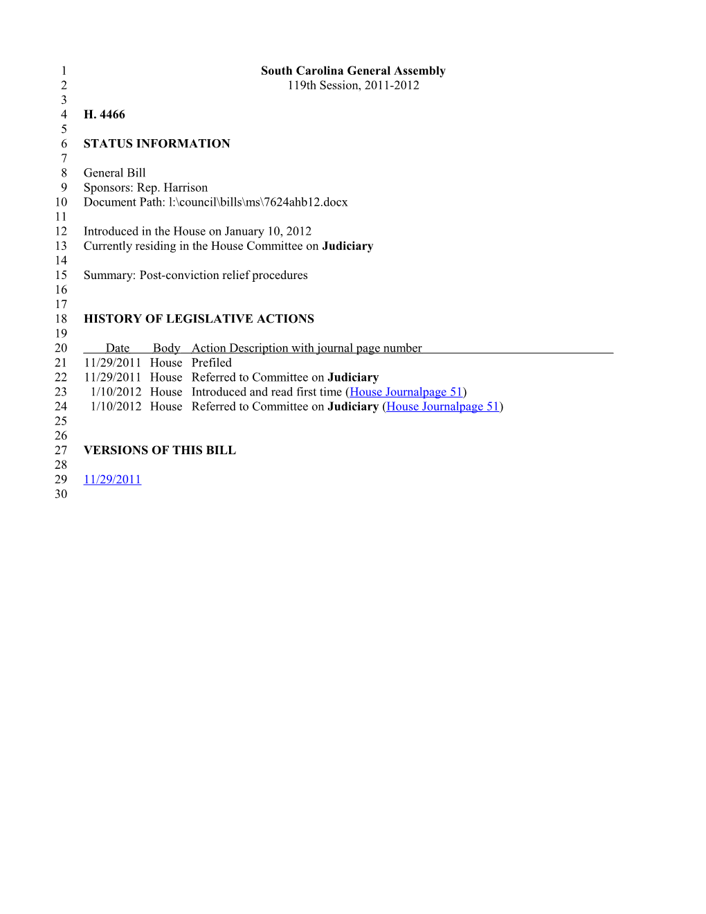 2011-2012 Bill 4466: Post-Conviction Relief Procedures - South Carolina Legislature Online