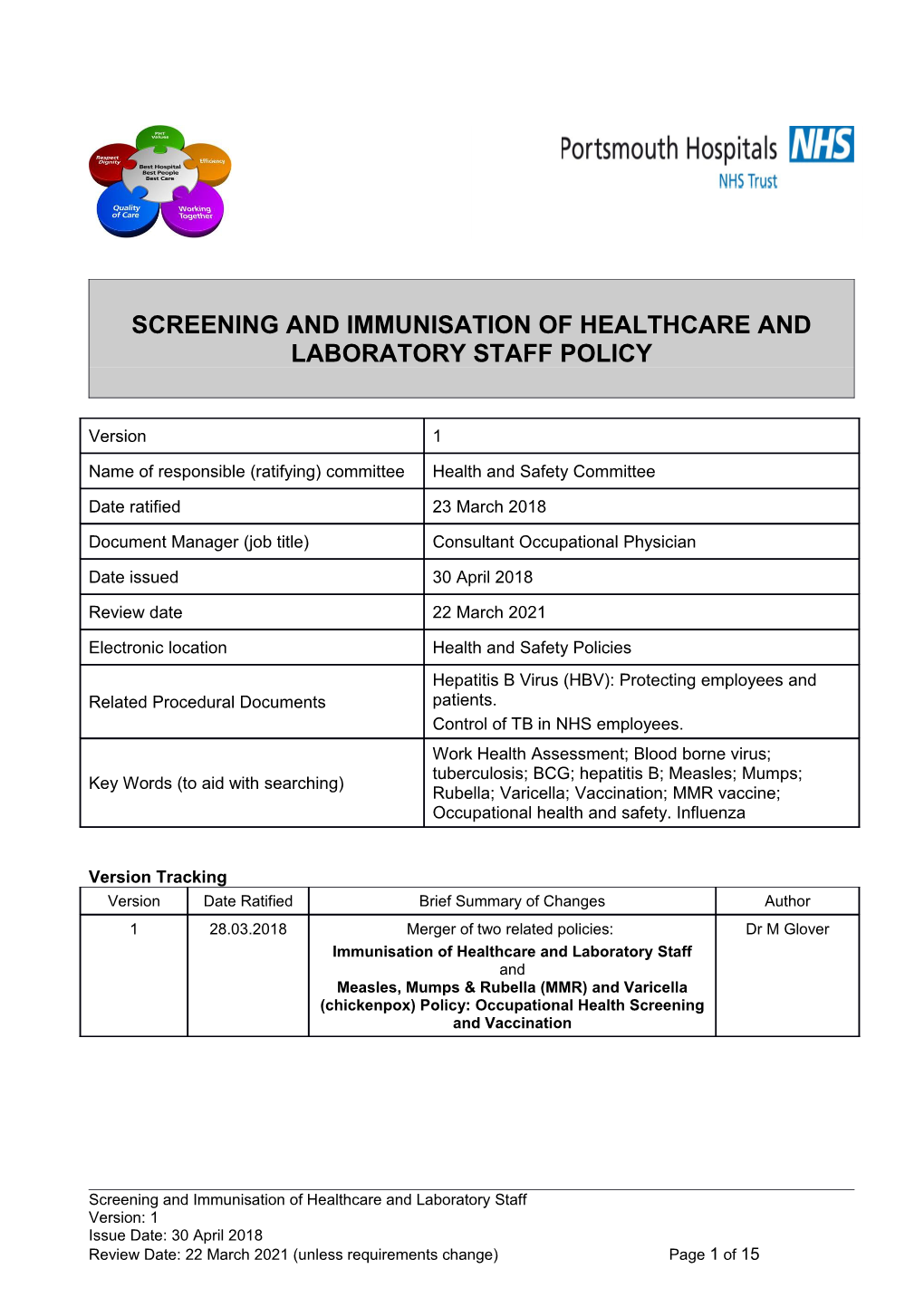 Screening and Immunisation of Healthcare and Laboratory Staff Policy