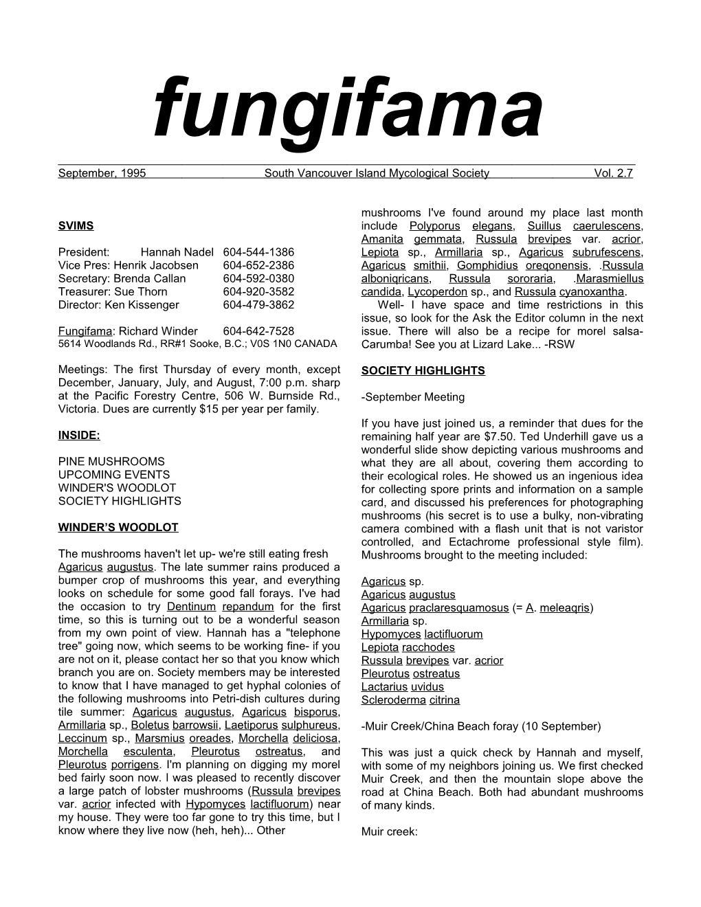 September, 1995South Vancouver Island Mycological Societyvol. 2.7