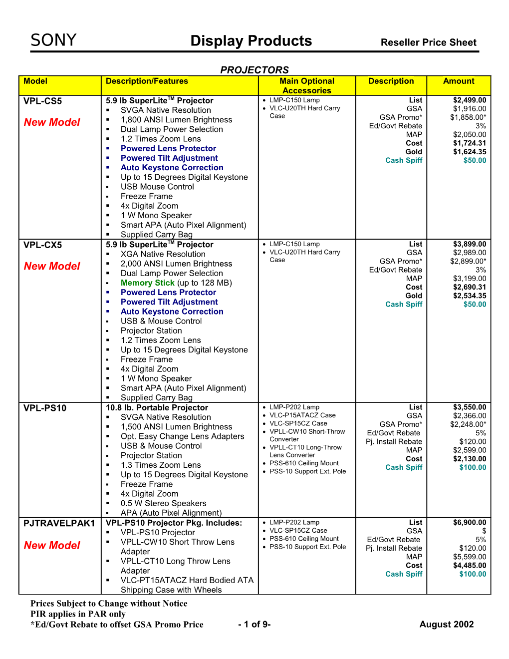 SONY Display Products Reseller Price Sheet