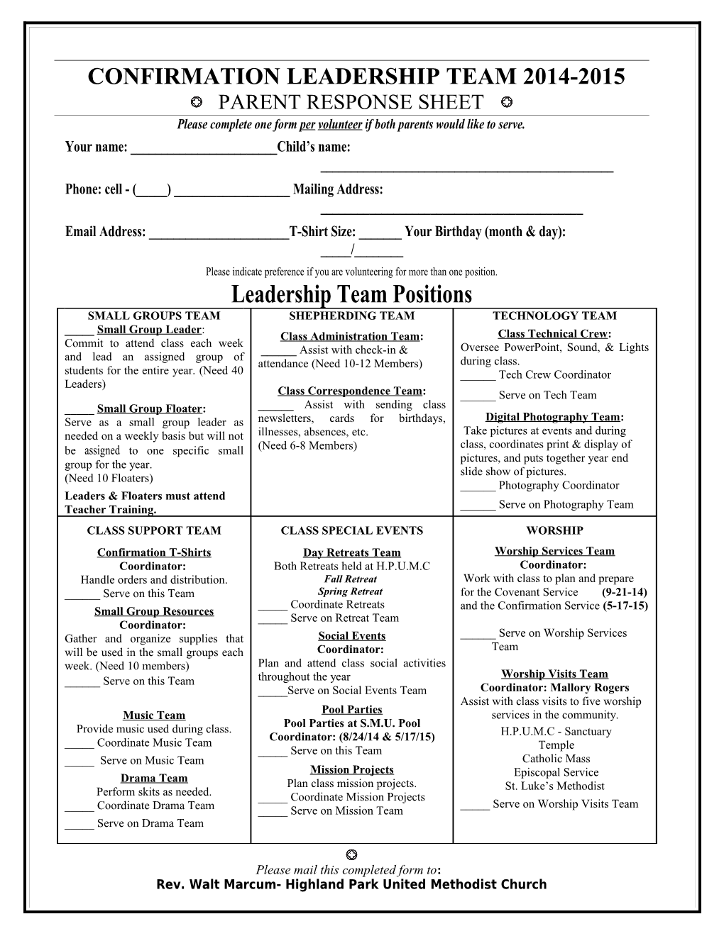 Invitation to the Confirmation Leadership Team of 2004-2005