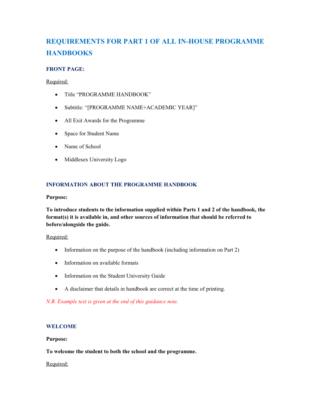 Requirements for Part 1 of All In-House Programme Handbooks Front Page