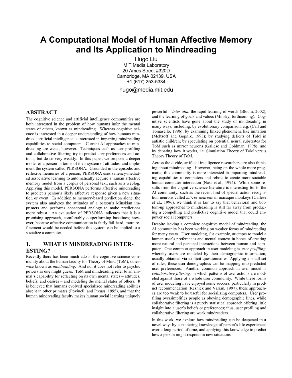 A Computational Model of Human Affective Memory and Its Application to Mindreading