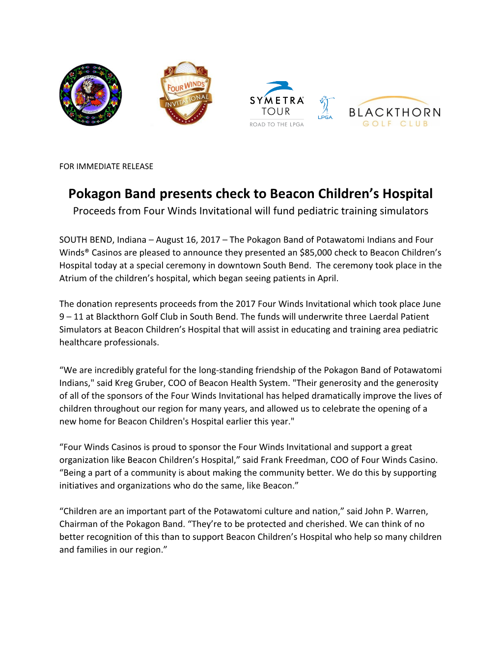 Pokagon Bandpresents Check to Beacon Children S Hospital