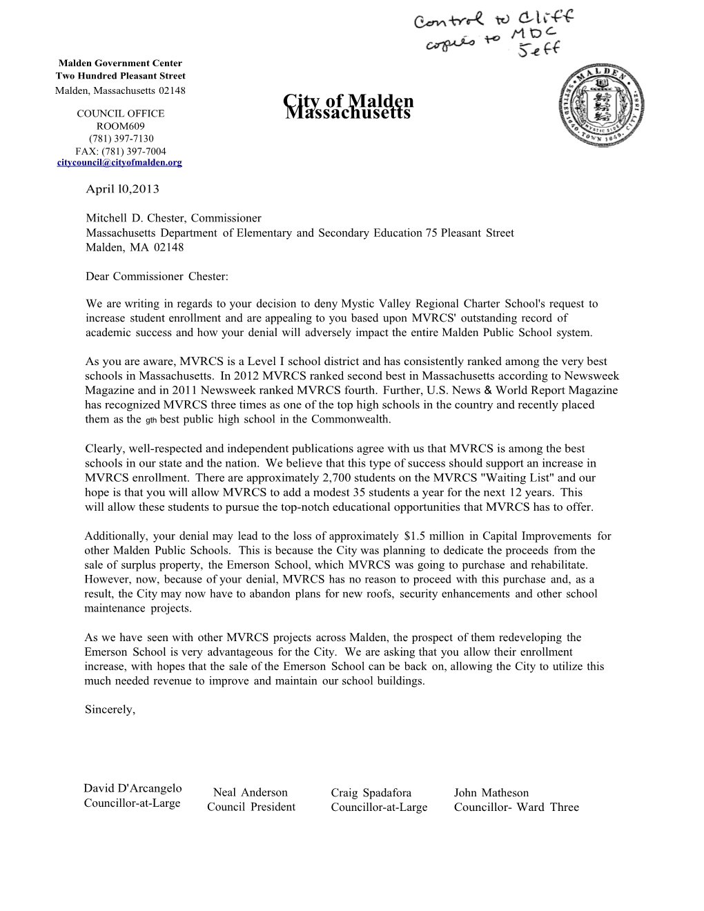 Mystic Valley Request for Review, Correspondence from Malden City Councilors, May 2013