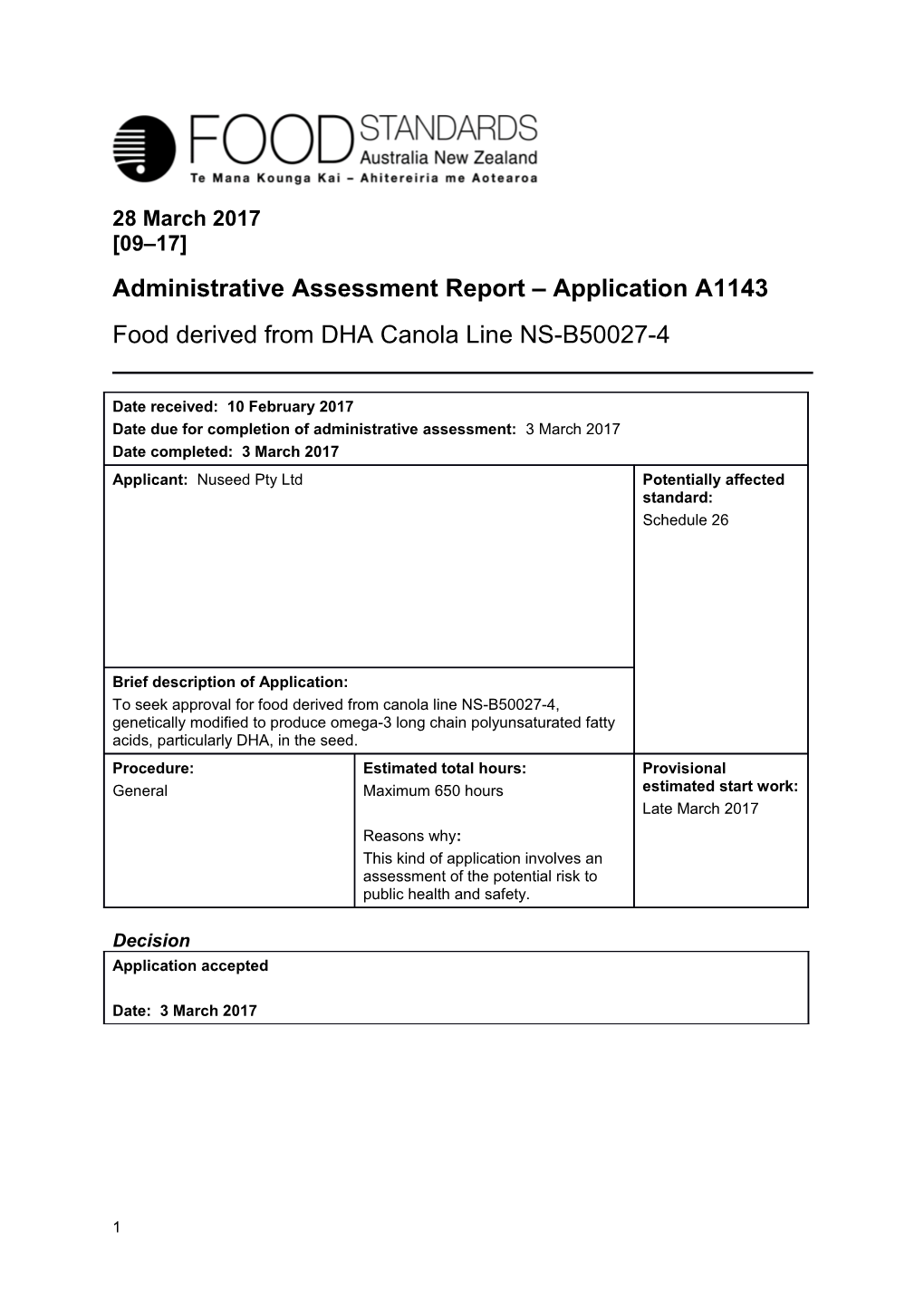 Administrative Assessment Report Application A1143