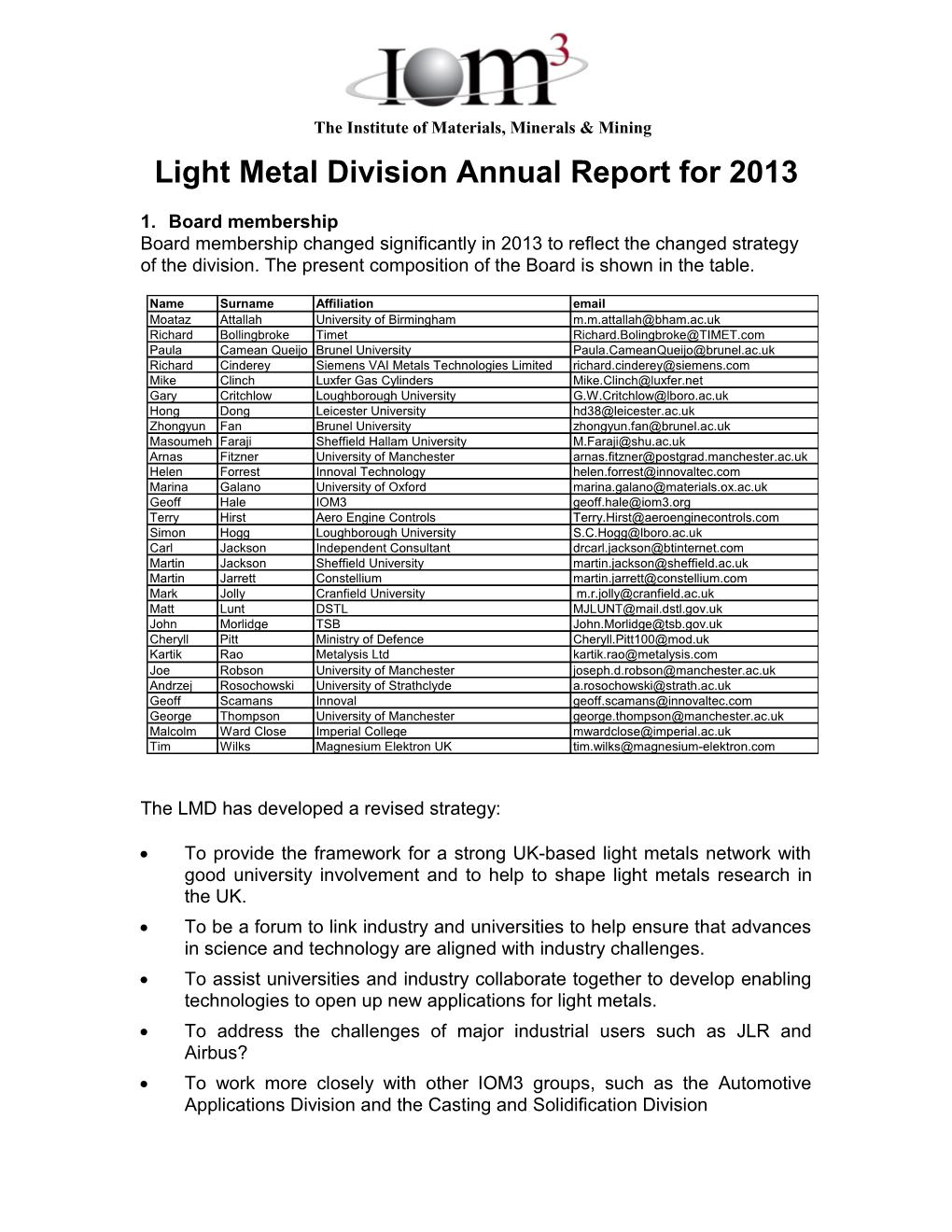 Light Metal Divisionannual Report for 2013