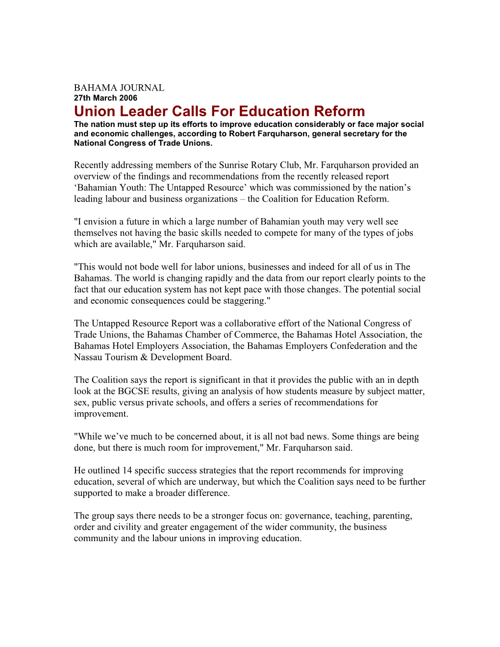 Union Leader Calls for Education Reform