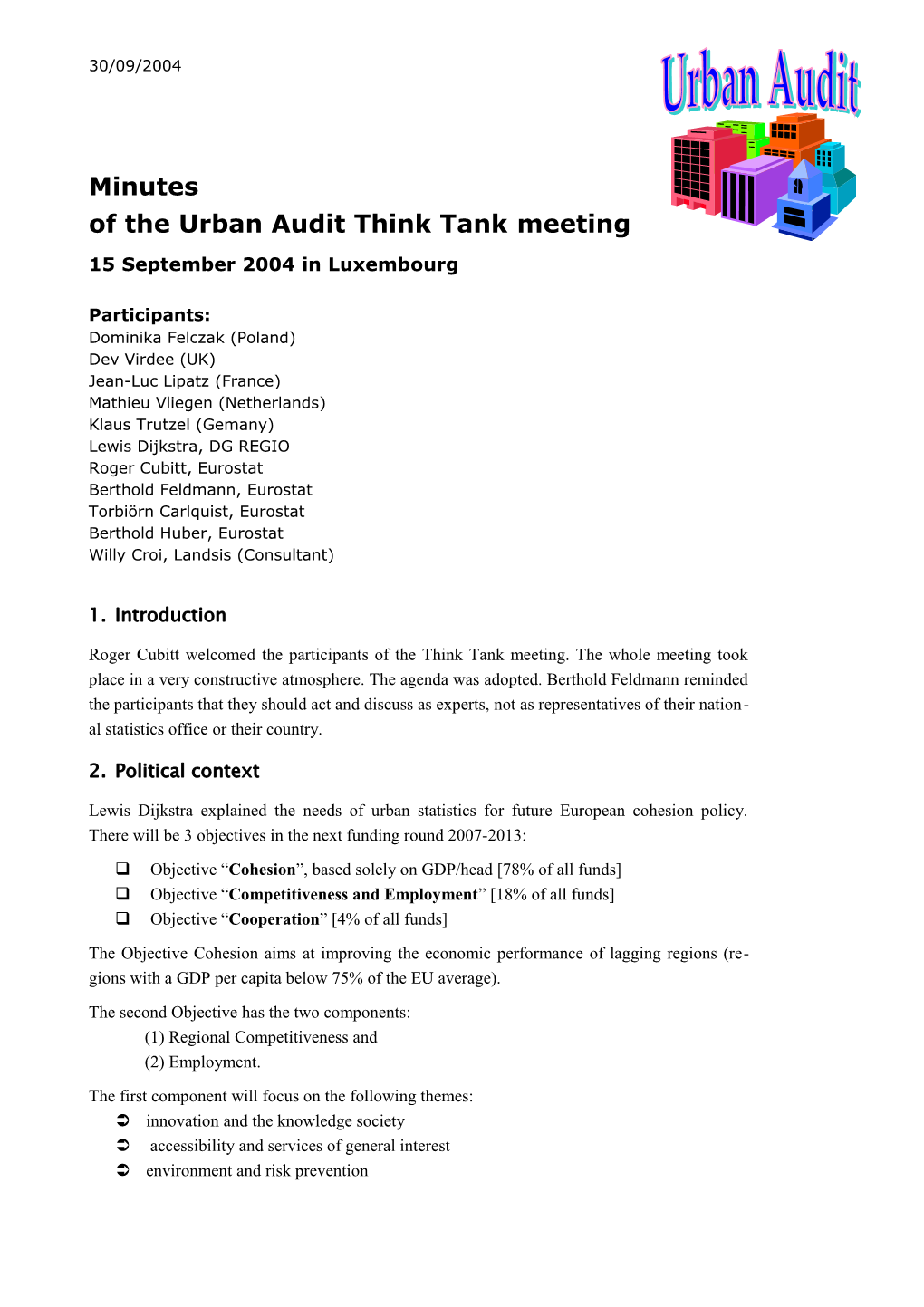 Minutes of the Urban Audit Think Tankmeeting 15September2004inluxembourg