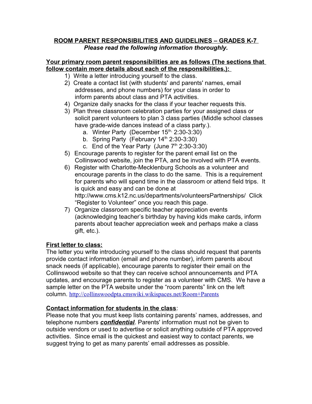 Room Parent Responsibilities and Guidelines Grades K-7