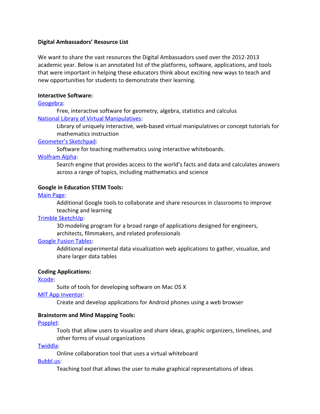 Digital Ambassadors Resource List