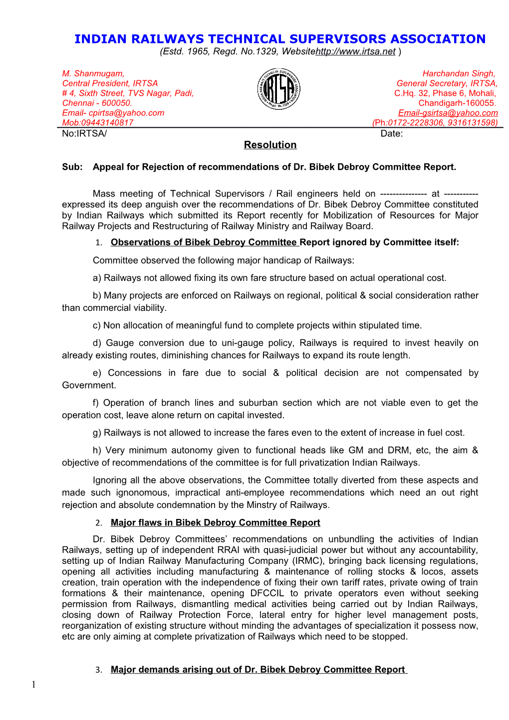 Sub: Appeal for Rejection of Recommendations of Dr. Bibekdebroy Committee Report